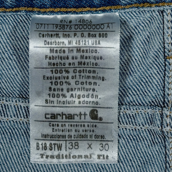 Carhartt Jeans Mens 38x30 Blue Stonewash Relaxed Fit B18 Straight Workwear Denim - Picture 5 of 9